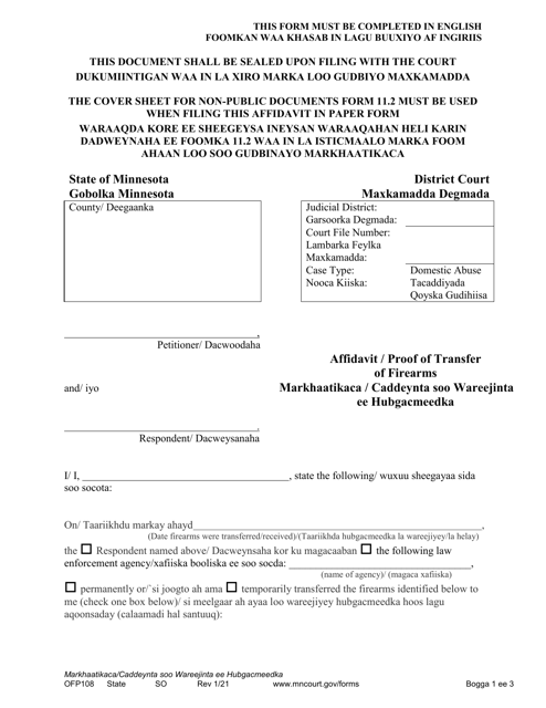 Form OFP108 Affidavit/Proof of Transfer of Firearms - Minnesota (English/Somali)