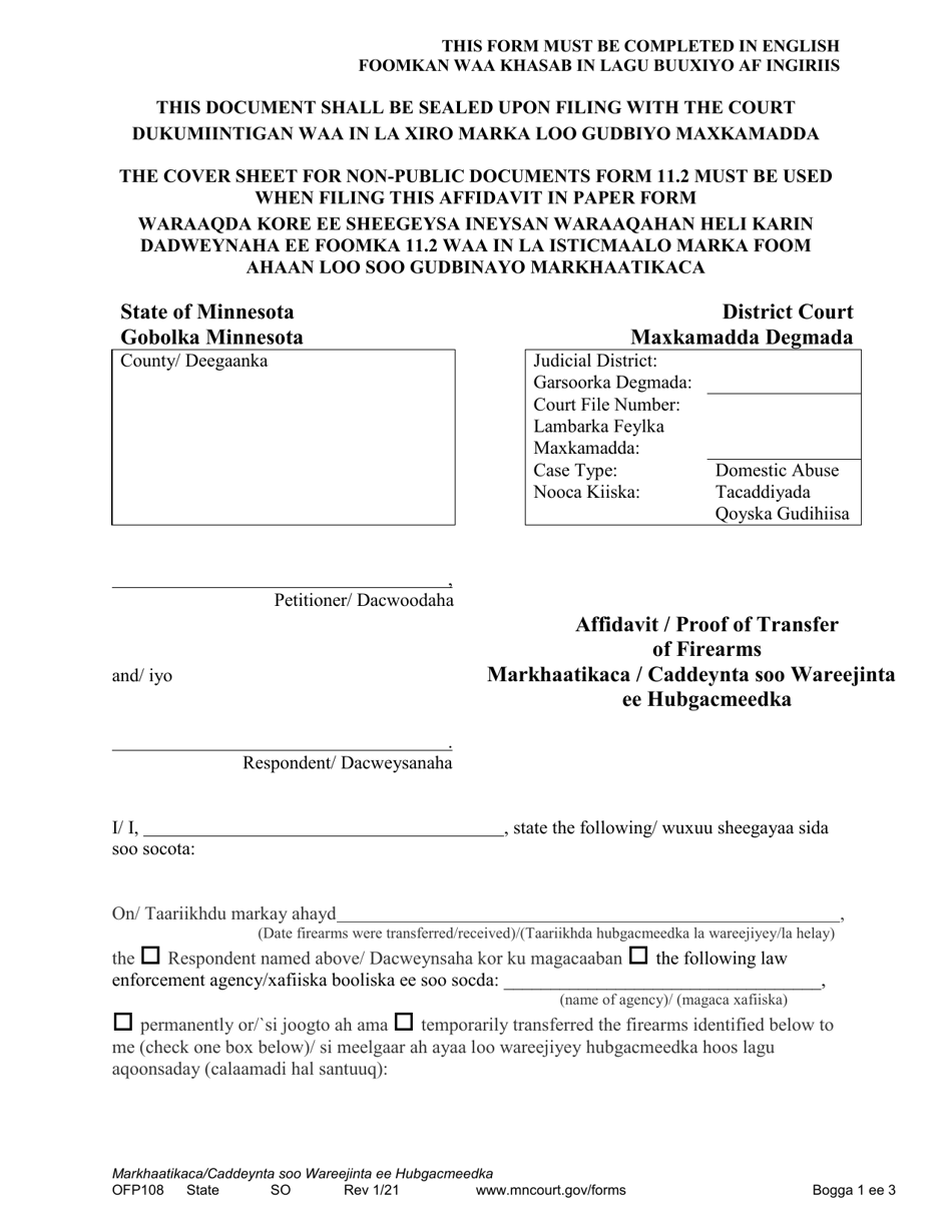 Form OFP108 Affidavit / Proof of Transfer of Firearms - Minnesota (English / Somali), Page 1