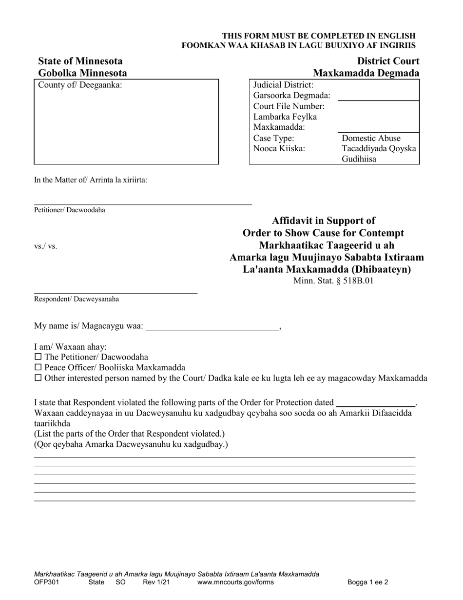 Form OFP301 Affidavit in Support of Order to Show Cause for Contempt - Minnesota (English / Somali), Page 1