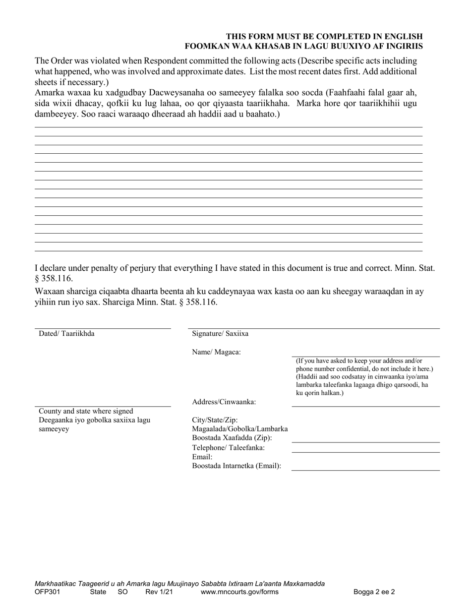 Form OFP301 Affidavit in Support of Order to Show Cause for Contempt - Minnesota (English / Somali), Page 2