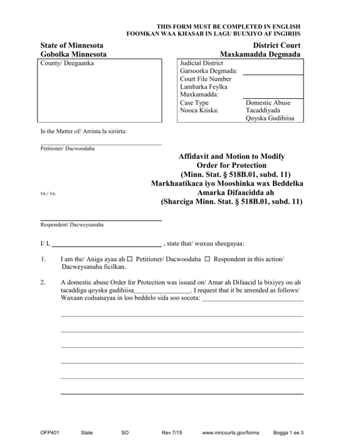 Form OFP401 Affidavit and Motion to Modify Order for Protection - Minnesota (English/Somali)