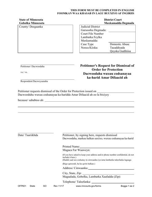 Form OFP601 Petitioner's Request for Dismissal of Order for Protection - Minnesota (English/Somali)