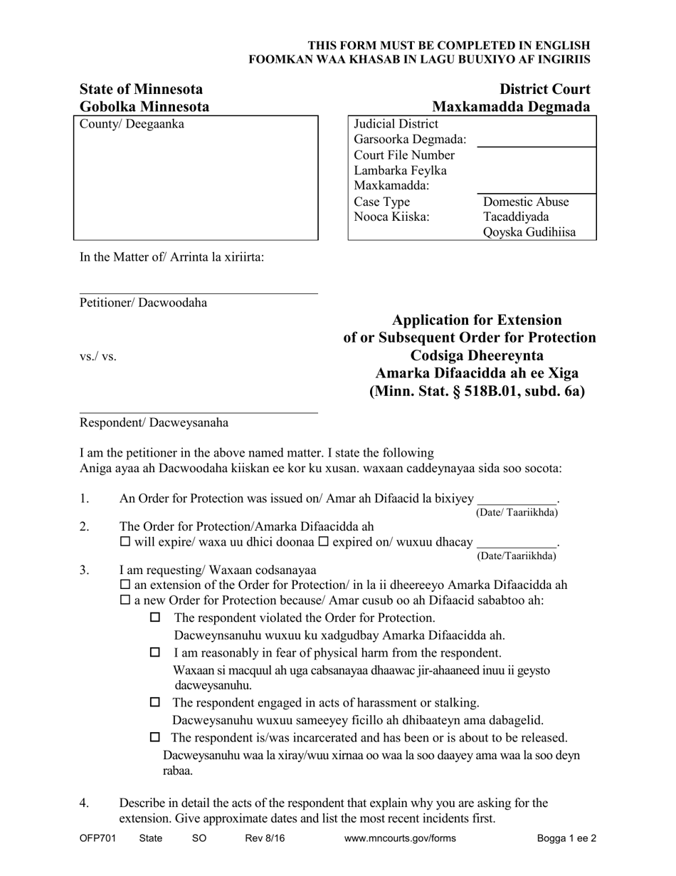 Form OFP701 Application for Extension of or Subsequent Order for Protection - Minnesota (English / Somali), Page 1