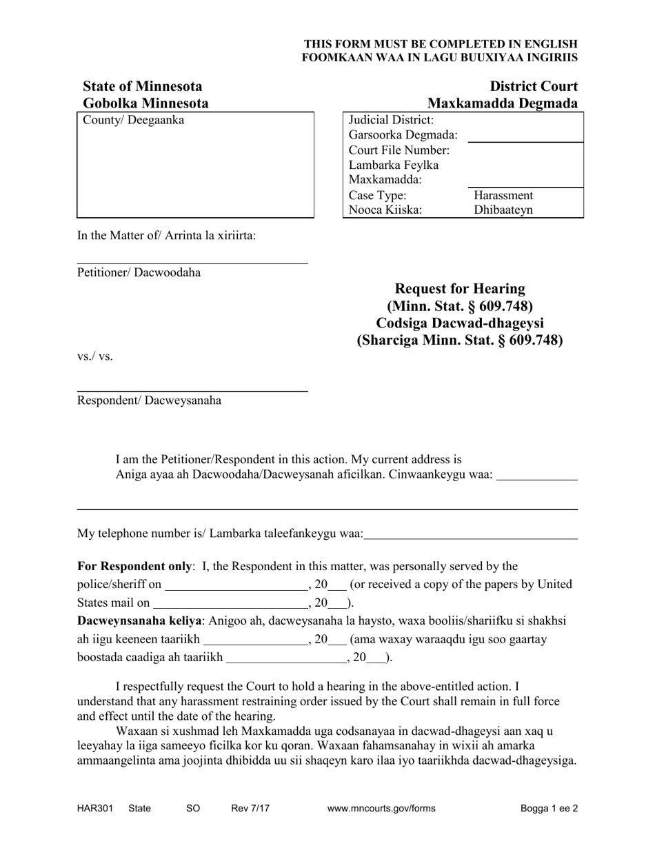 Form HAR301 Request for Hearing - Minnesota (English / Somali), Page 1