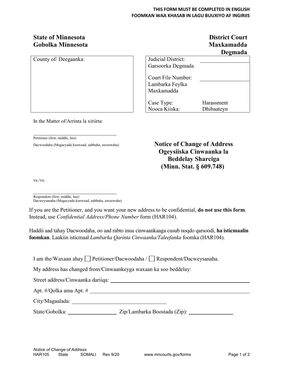 Form HAR105 Notice of Change of Address - Minnesota (English / Somali), Page 1
