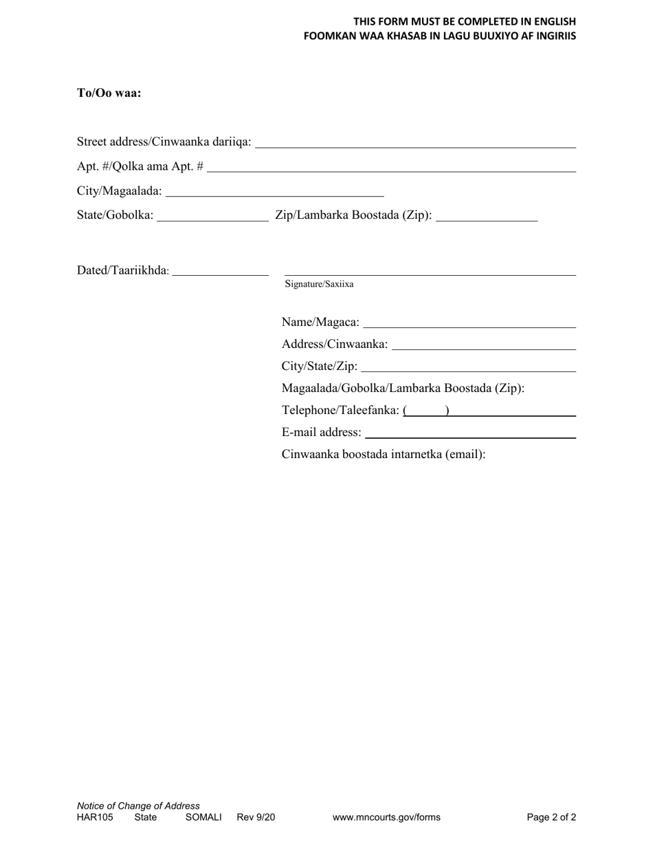 Form HAR105 Notice of Change of Address - Minnesota (English / Somali), Page 2