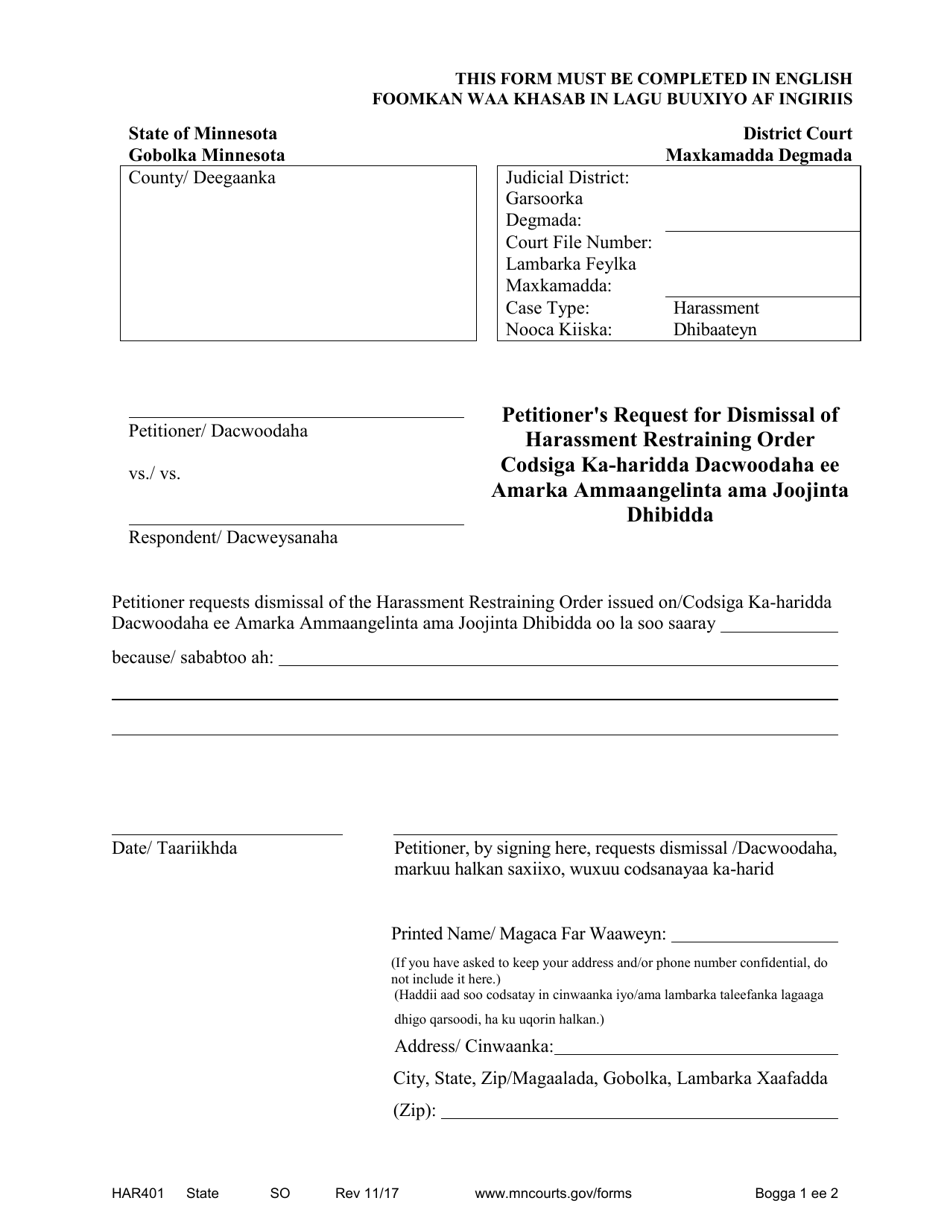 Form HAR401 Petitioners Request for Dismissal of Harassment Restraining Order - Minnesota (English / Somali), Page 1