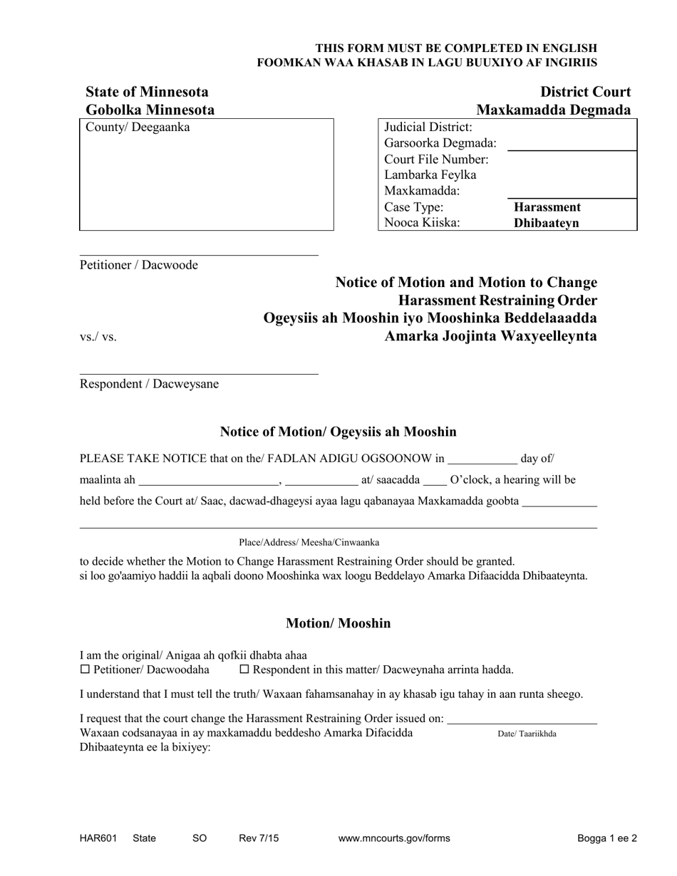 Form HAR601 Notice of Motion and Motion to Change Harassment Restraining Order - Minnesota (English / Somali), Page 1