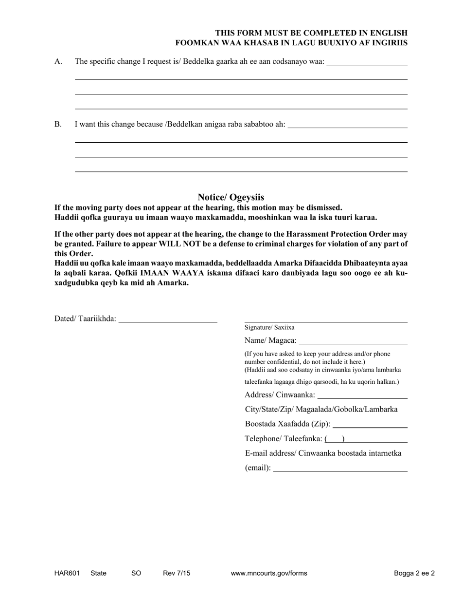 Form HAR601 Notice of Motion and Motion to Change Harassment Restraining Order - Minnesota (English / Somali), Page 2