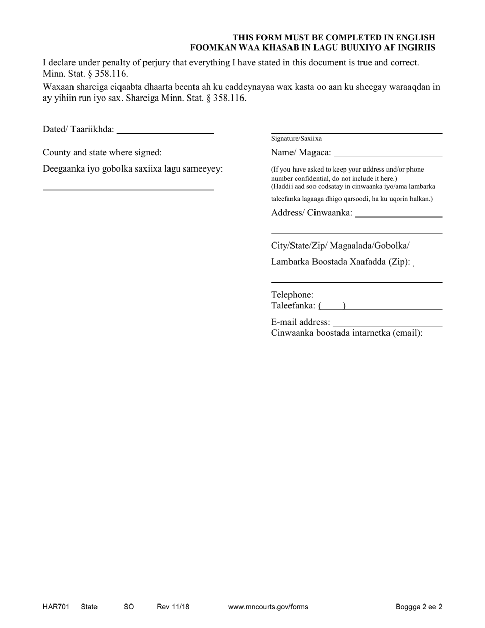 Form HAR701 Affidavit and Request for Publication (Harassment) - Minnesota (English / Somali), Page 2
