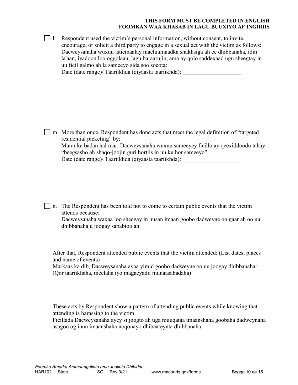 Form HAR102 Petition for Harassment Restraining Order - Minnesota (English / Somali), Page 10