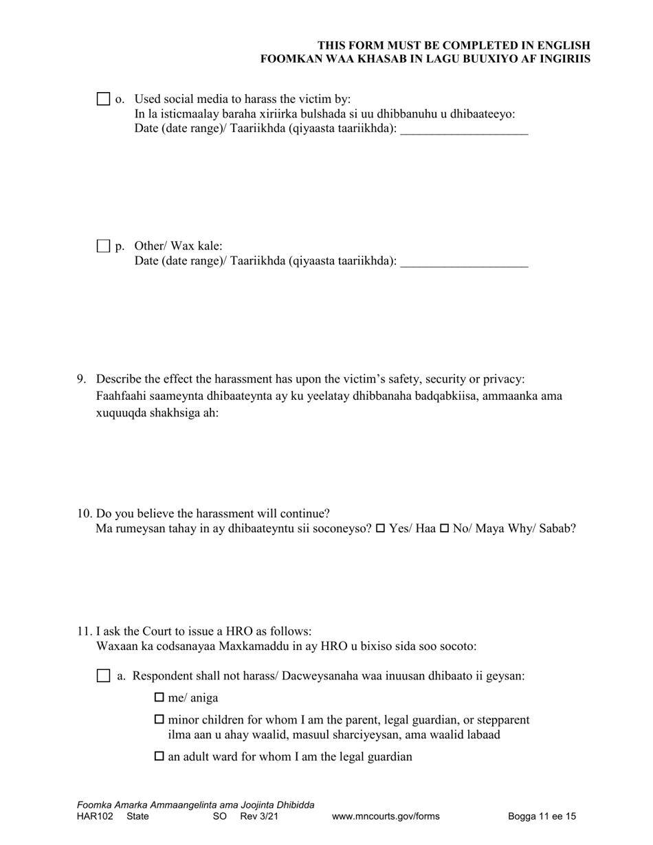 Form HAR102 Petition for Harassment Restraining Order - Minnesota (English / Somali), Page 11