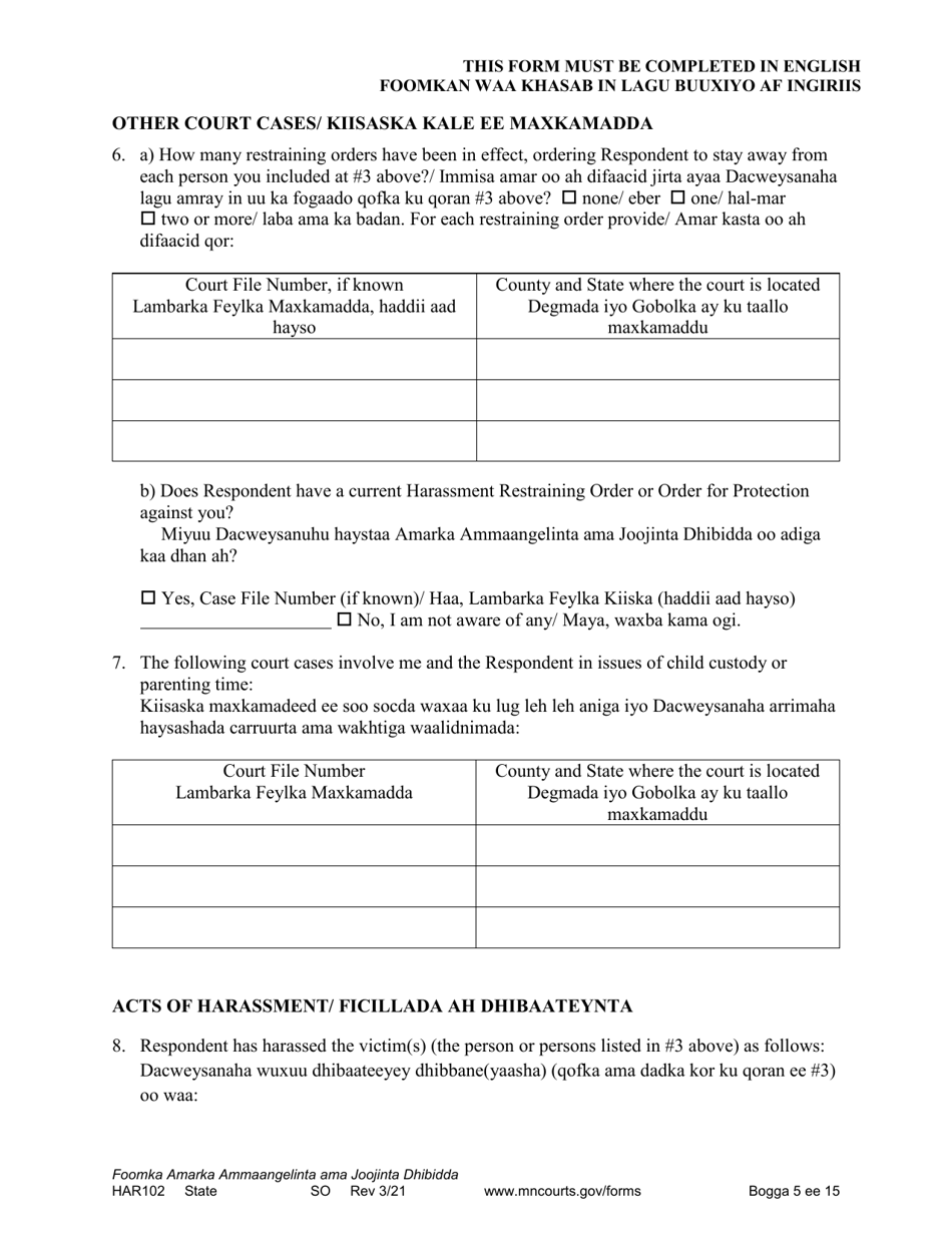 Form HAR102 Petition for Harassment Restraining Order - Minnesota (English / Somali), Page 5