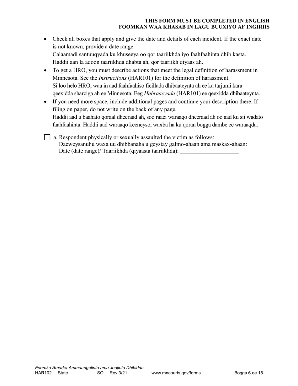 Form HAR102 Petition for Harassment Restraining Order - Minnesota (English / Somali), Page 6
