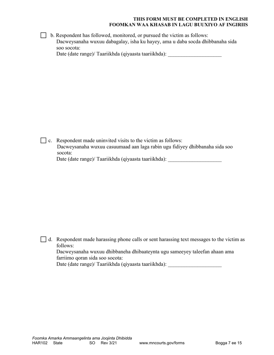 Form HAR102 Petition for Harassment Restraining Order - Minnesota (English / Somali), Page 7