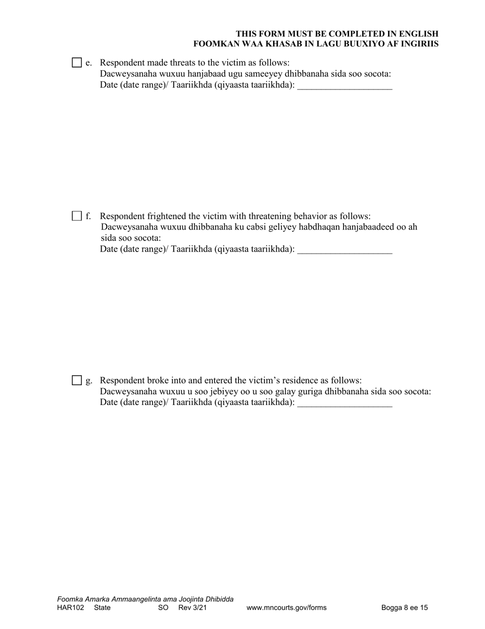 Form HAR102 Petition for Harassment Restraining Order - Minnesota (English / Somali), Page 8