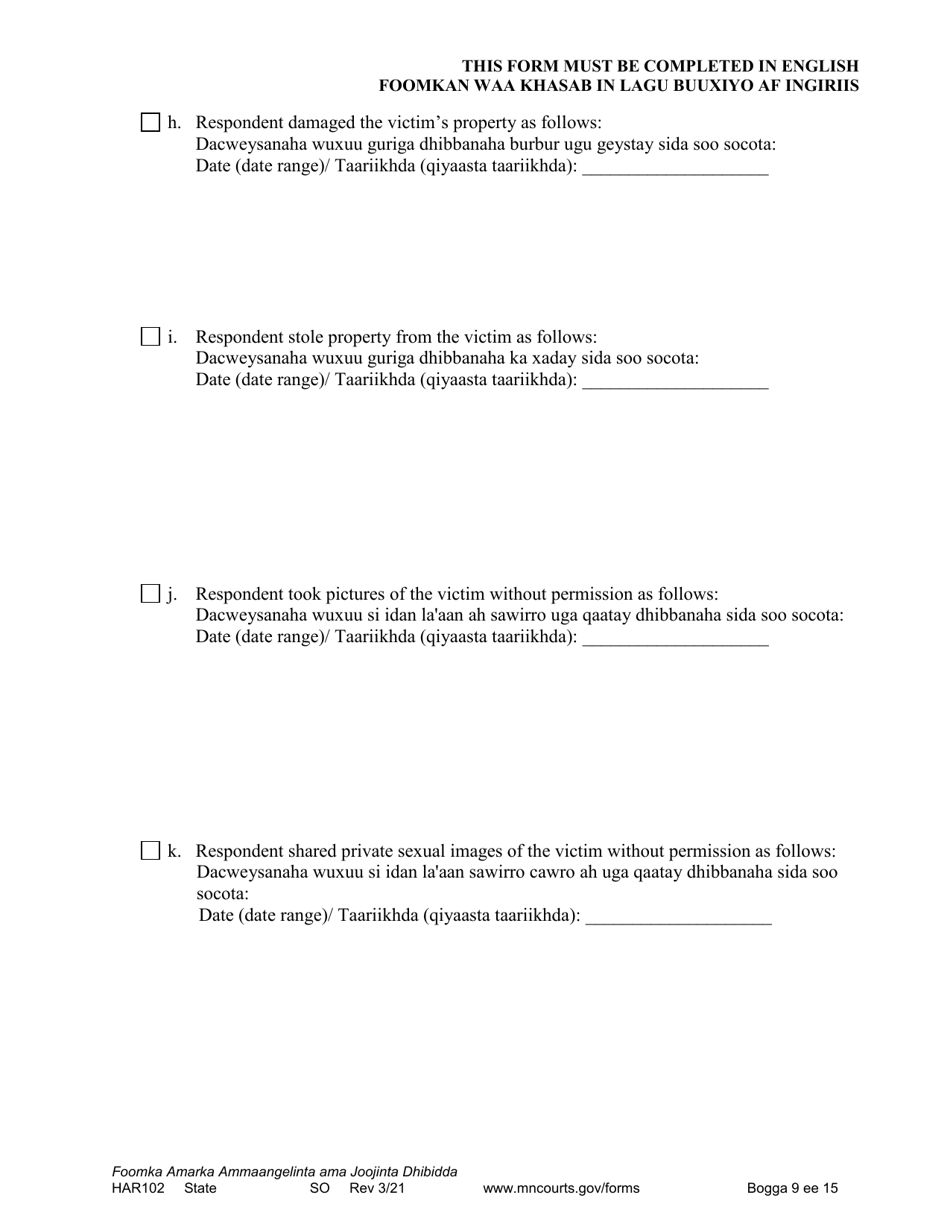 Form HAR102 Petition for Harassment Restraining Order - Minnesota (English / Somali), Page 9