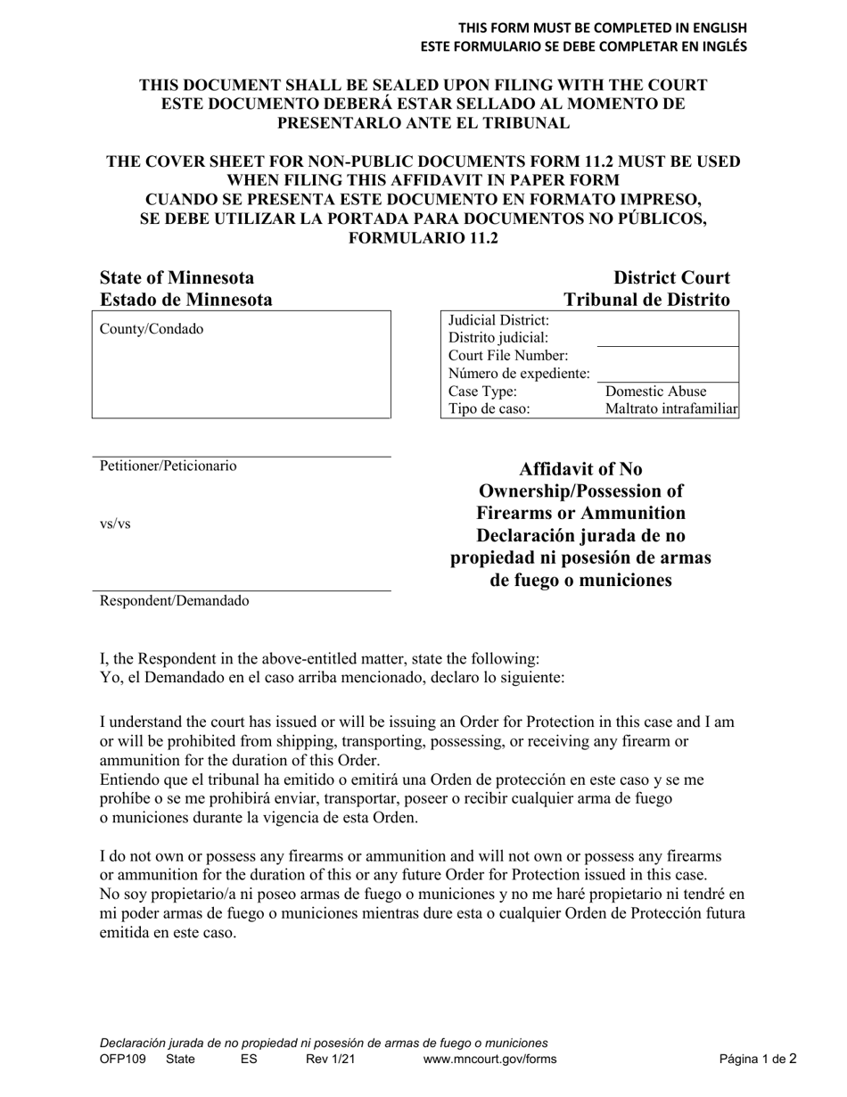 Form OFP109 Affidavit of No Ownership / Possession of Firearms or Ammunition - Minnesota (English / Spanish), Page 1