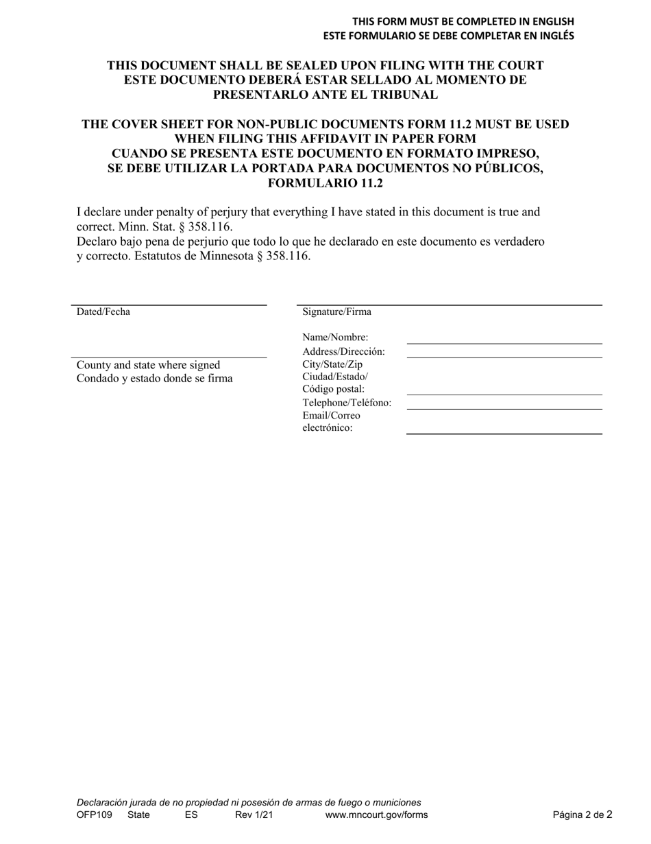 Form OFP109 Affidavit of No Ownership / Possession of Firearms or Ammunition - Minnesota (English / Spanish), Page 2