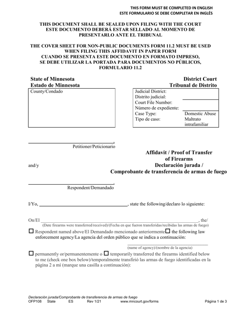Form OFP108 Affidavit/Proof of Transfer of Firearms - Minnesota (English/Spanish)
