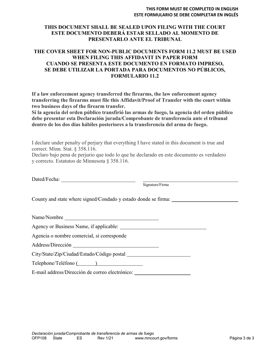 Form OFP108 Affidavit / Proof of Transfer of Firearms - Minnesota (English / Spanish), Page 3