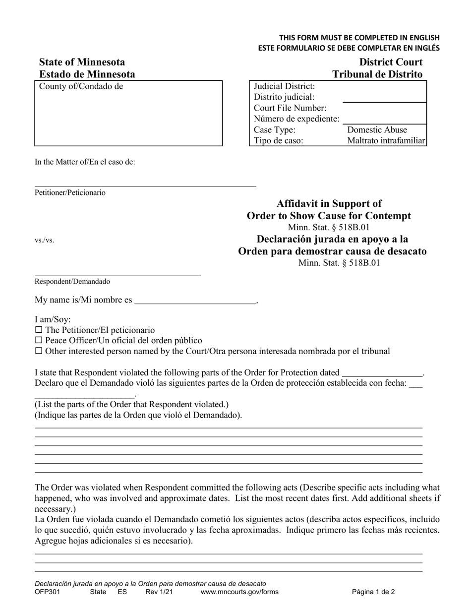 Form OFP301 Affidavit in Support of Order to Show Cause for Contempt - Minnesota (English / Spanish), Page 1