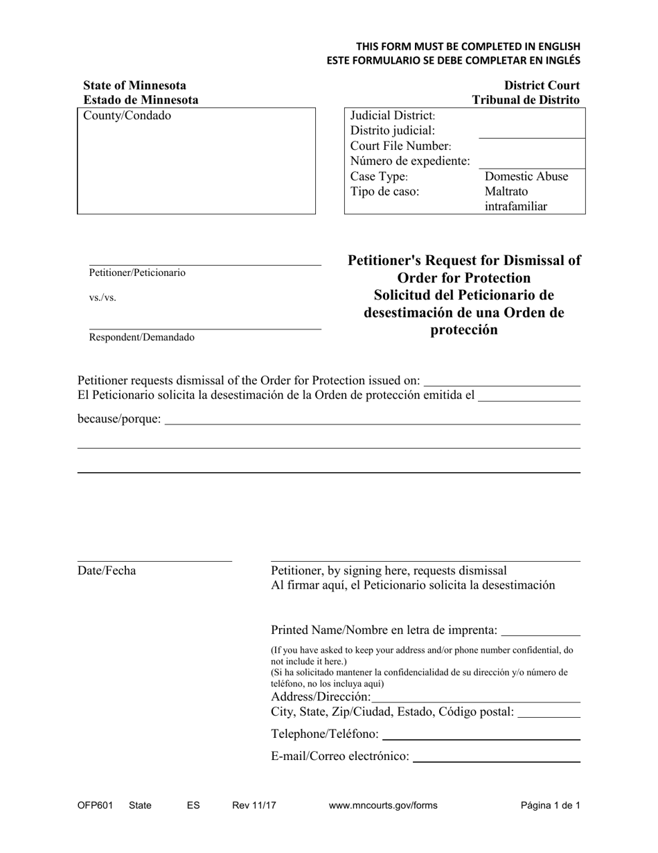 Form OFP601 Petitioners Request for Dismissal of Order for Protection - Minnesota (English / Spanish), Page 1