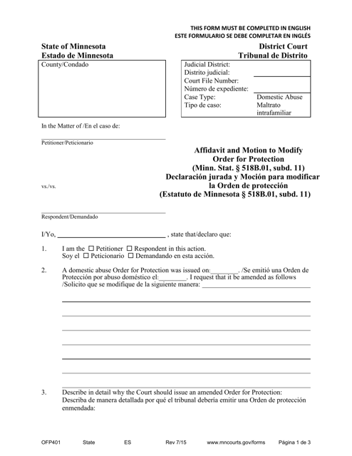 Form OFP401 Affidavit and Motion to Modify Order for Protection - Minnesota (English/Spanish)