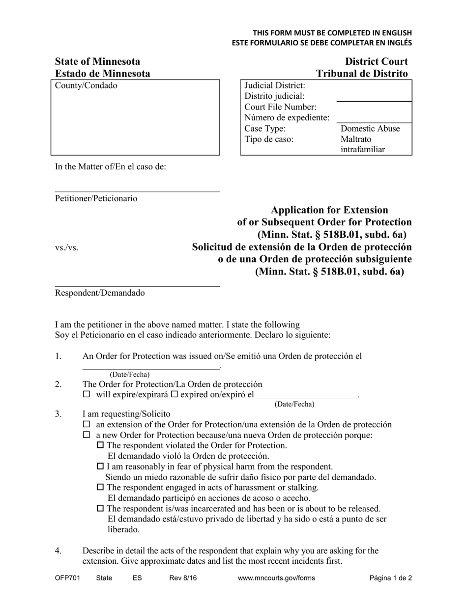 Form OFP701 Fill Out, Sign Online and Download Printable PDF, Minnesota (English/Spanish