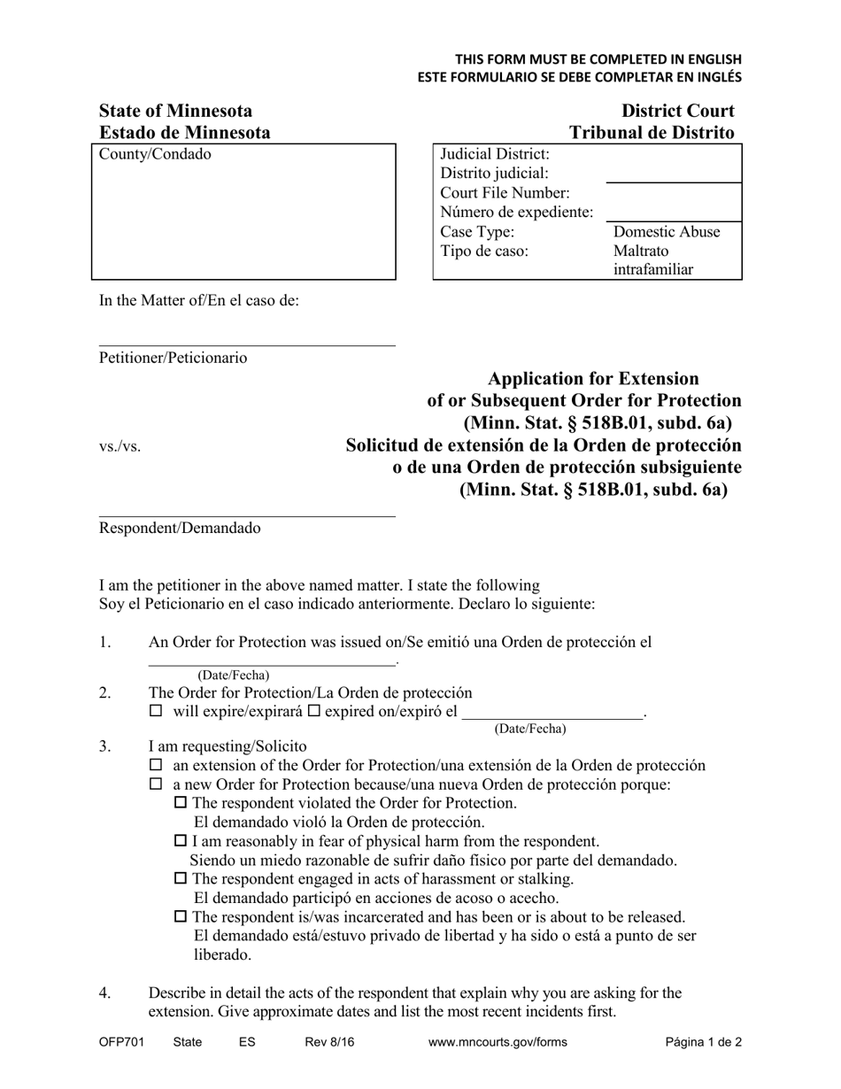 Form OFP701 Application for Extension of or Subsequent Order for Protection - Minnesota (English / Spanish), Page 1