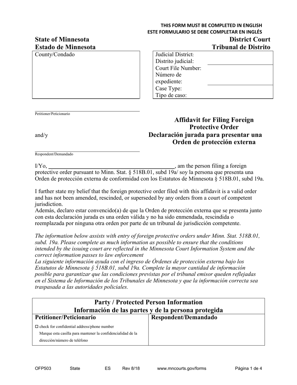 Form OFP503 Affidavit for Filing Foreign Protective Order - Minnesota (English / Spanish), Page 1