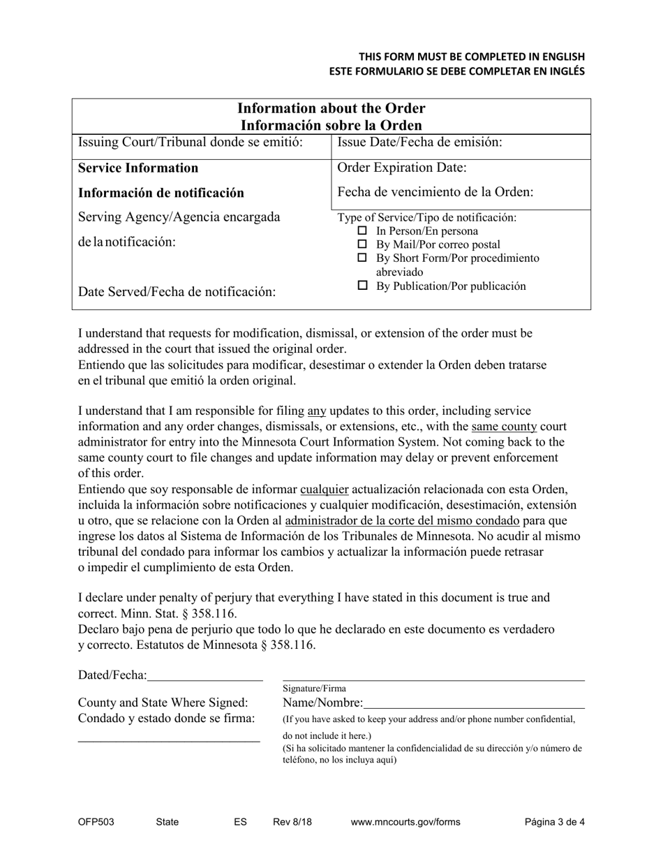 Form OFP503 Affidavit for Filing Foreign Protective Order - Minnesota (English / Spanish), Page 3