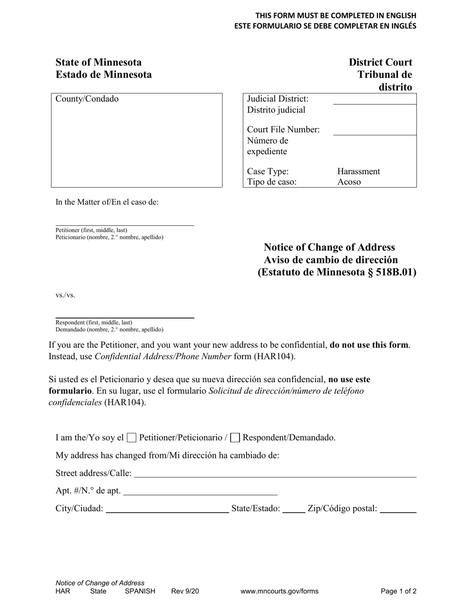 Form HAR105 Notice of Change of Address - Minnesota (English / Spanish), Page 1
