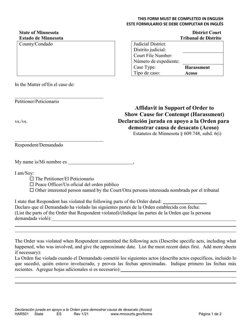 Form HAR501 Affidavit in Support of Order to Show Cause for Contempt (Harassment) - Minnesota (English / Spanish), Page 1