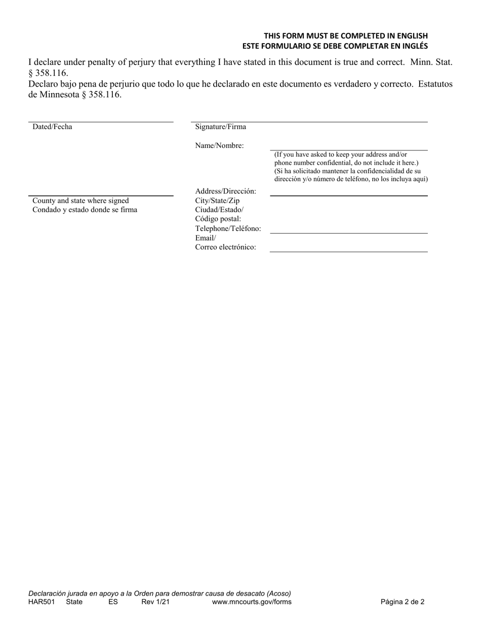 Form HAR501 Affidavit in Support of Order to Show Cause for Contempt (Harassment) - Minnesota (English / Spanish), Page 2