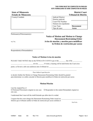 Document preview: Form HAR601 Notice of Motion and Motion to Change Harassment Restraining Order - Minnesota (English/Spanish)