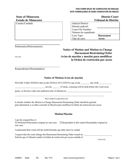 Form HAR601 Notice of Motion and Motion to Change Harassment Restraining Order - Minnesota (English/Spanish)