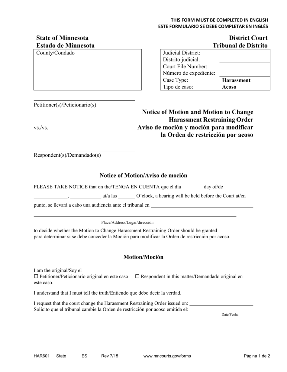 Form HAR601 Notice of Motion and Motion to Change Harassment Restraining Order - Minnesota (English / Spanish), Page 1