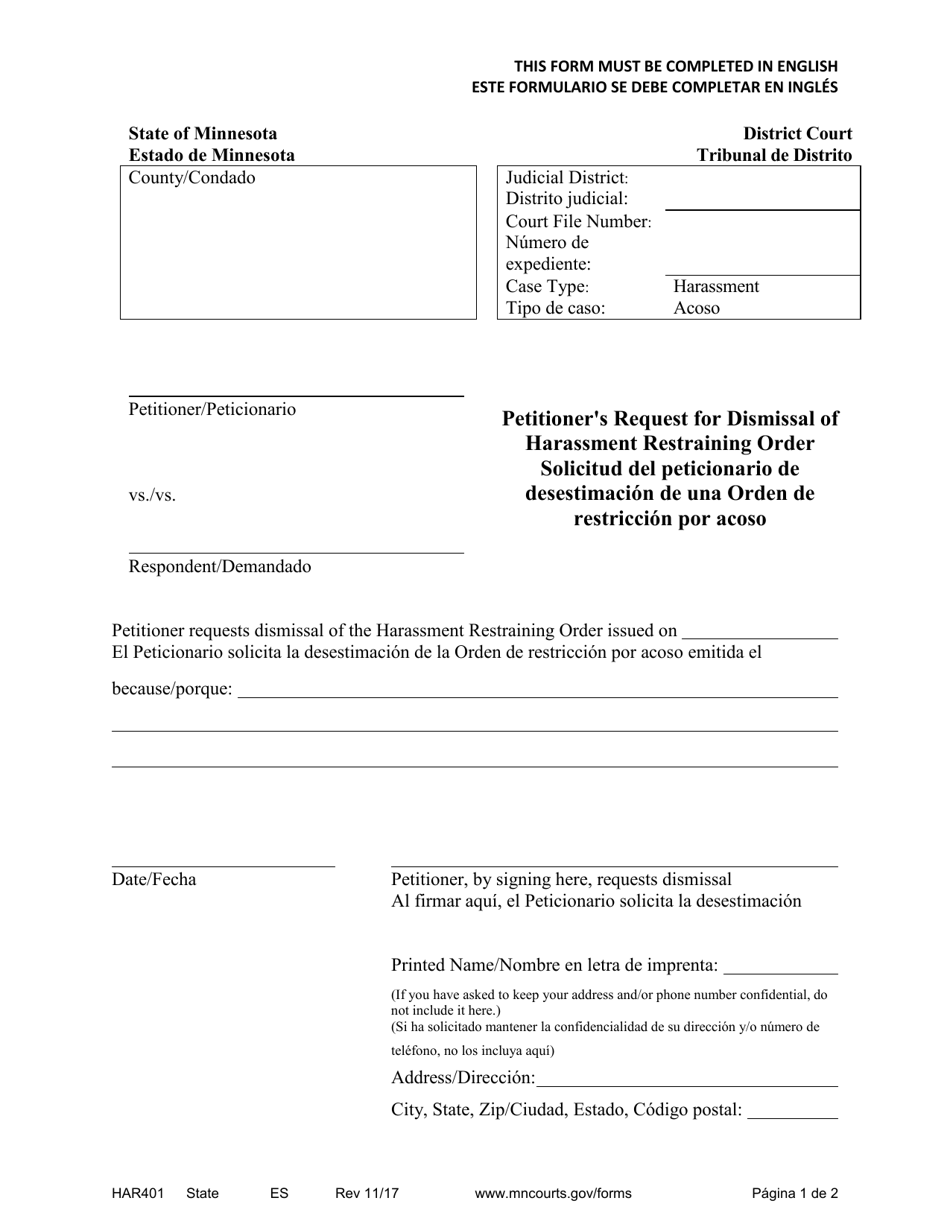 Form HAR401 Petitioners Request for Dismissal of Harassment Restraining Order - Minnesota (English / Spanish), Page 1