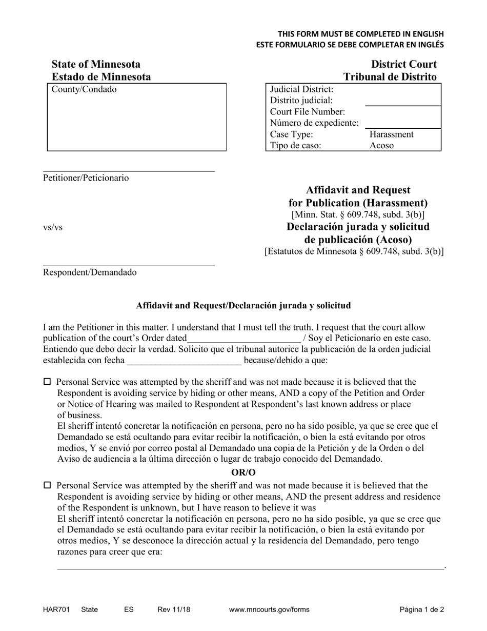 Form HAR701 Affidavit and Request for Publication (Harassment) - Minnesota (English / Spanish), Page 1