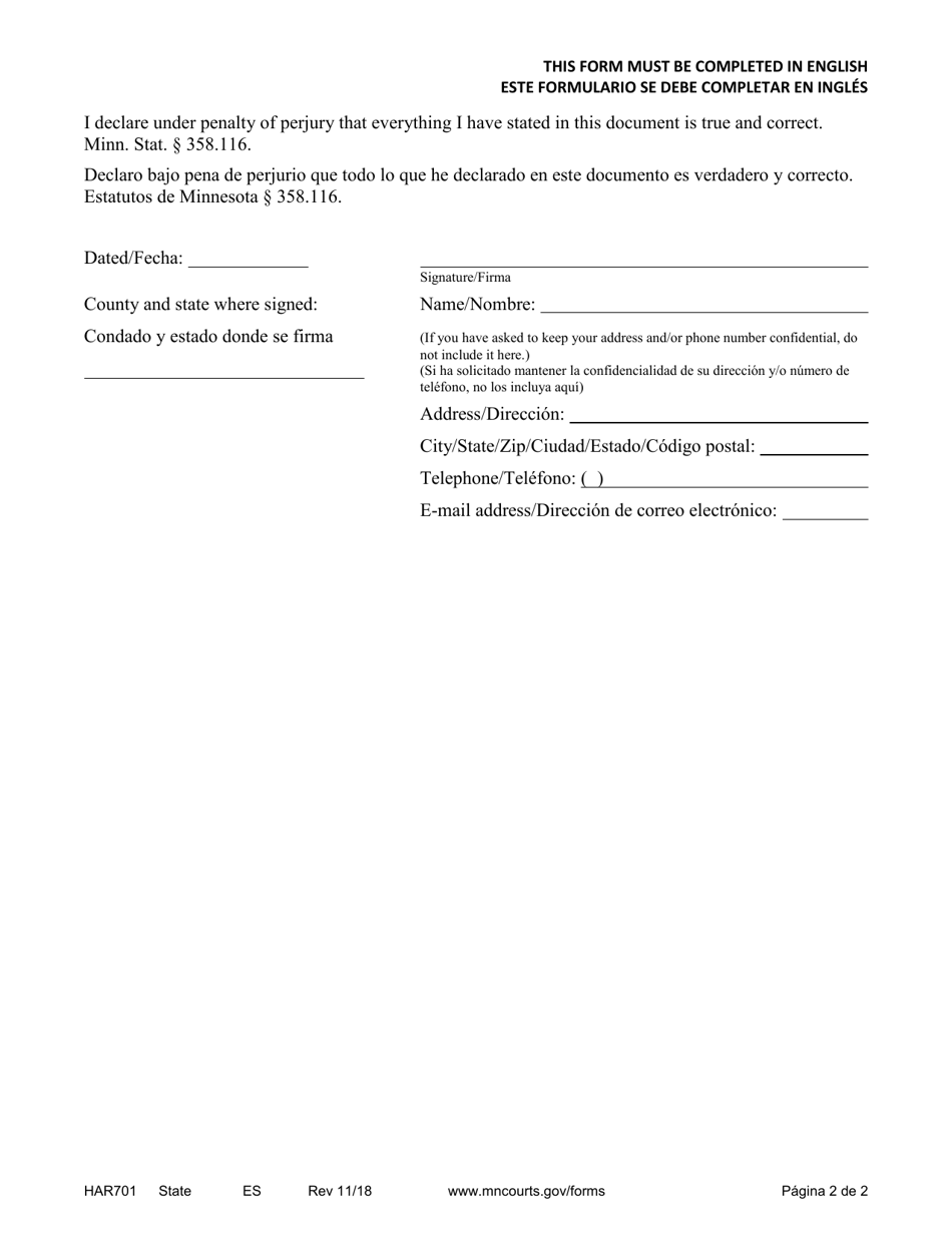 Form HAR701 Affidavit and Request for Publication (Harassment) - Minnesota (English / Spanish), Page 2
