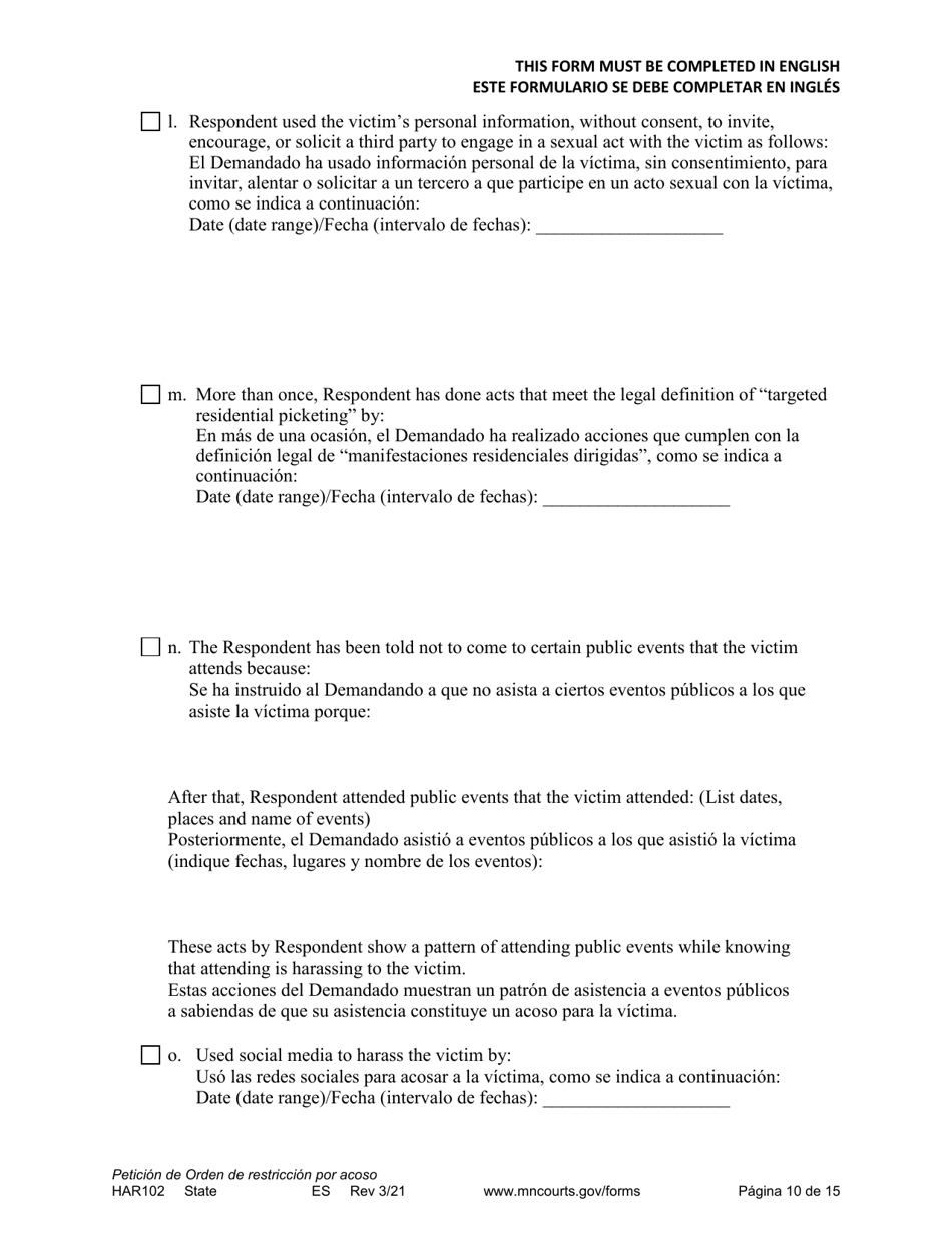 Form HAR102 Petition for Harassment Restraining Order - Minnesota (English / Spanish), Page 10