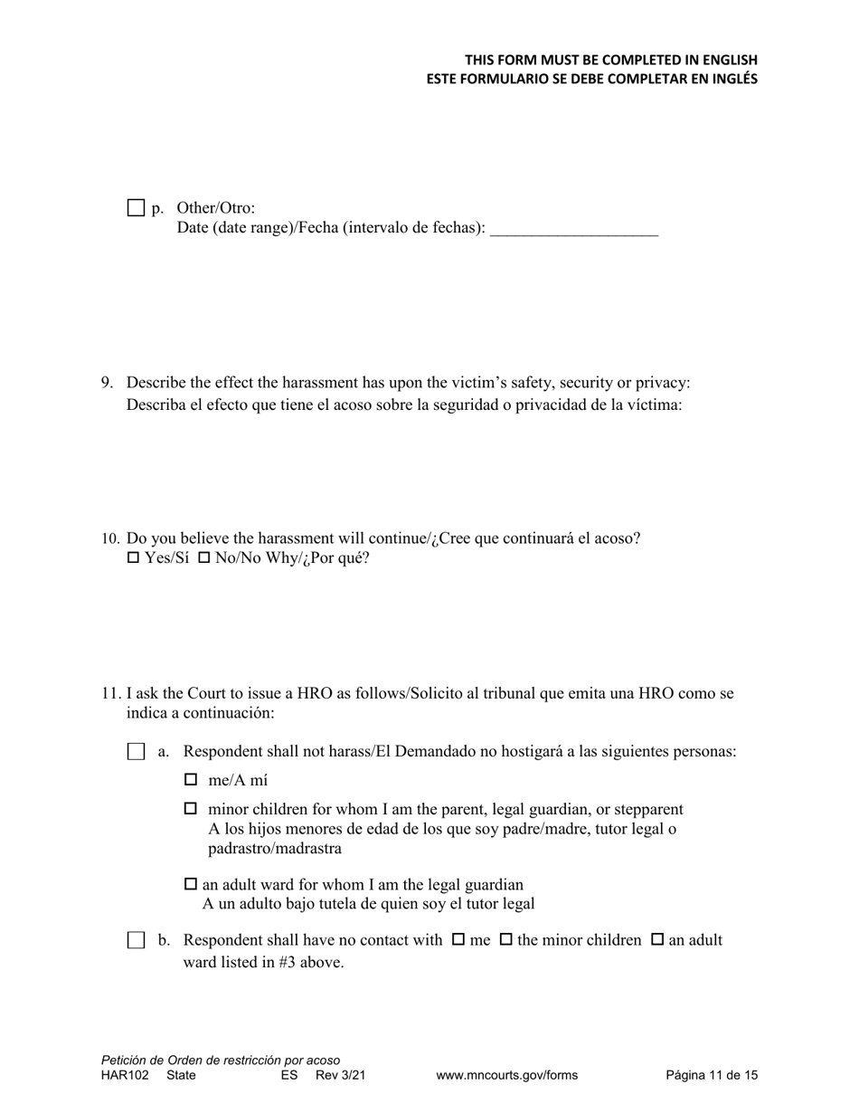 Form HAR102 Petition for Harassment Restraining Order - Minnesota (English / Spanish), Page 11