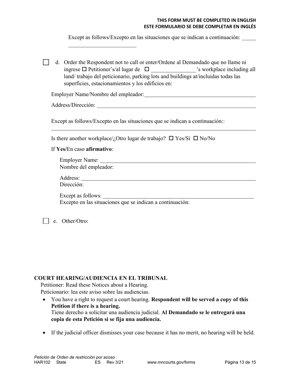 Form HAR102 Petition for Harassment Restraining Order - Minnesota (English / Spanish), Page 13