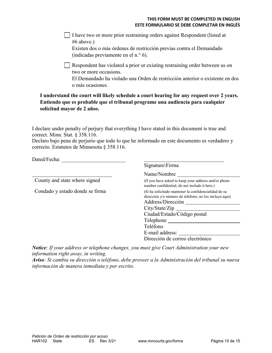 Form HAR102 Petition for Harassment Restraining Order - Minnesota (English / Spanish), Page 15