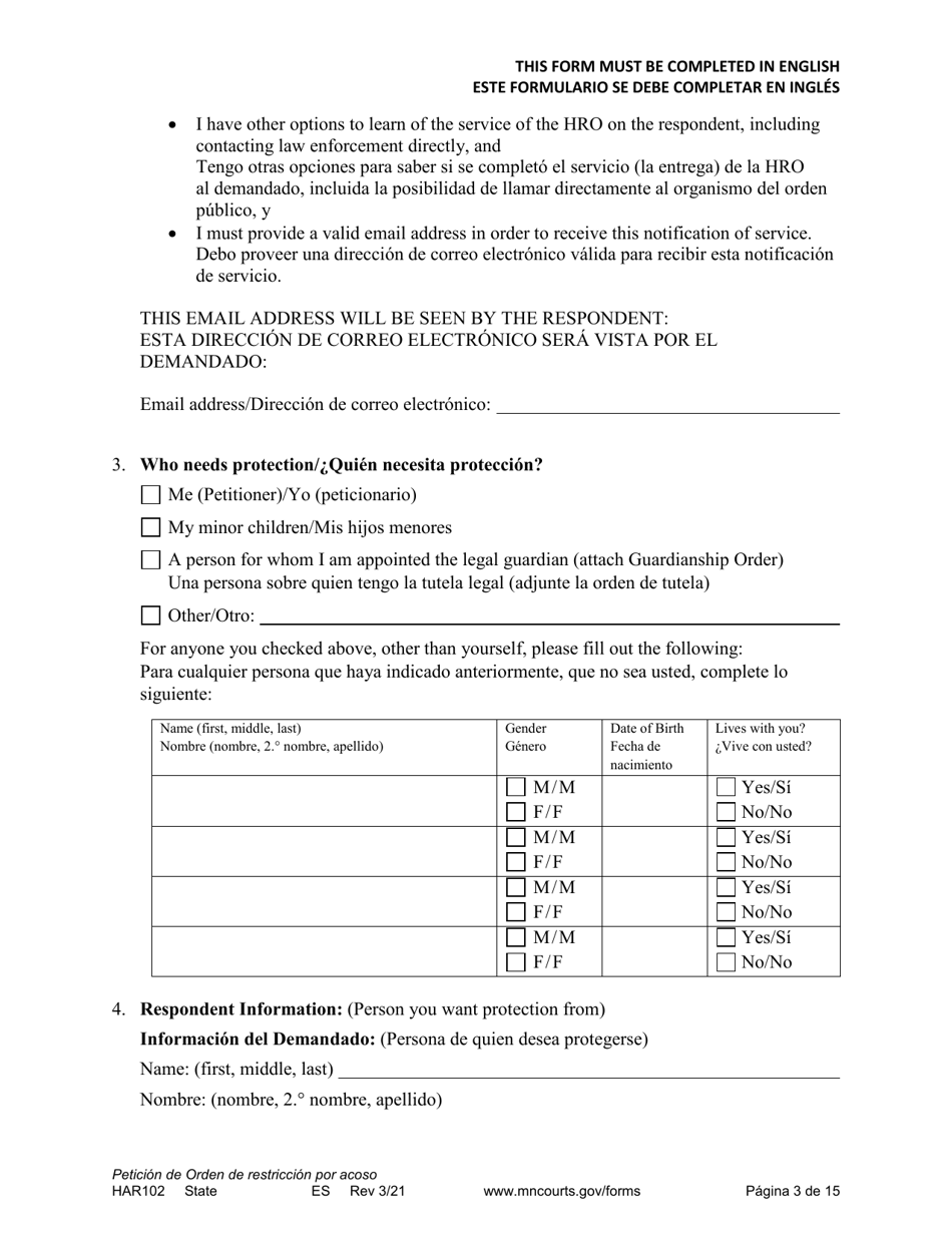 Form HAR102 Petition for Harassment Restraining Order - Minnesota (English / Spanish), Page 3