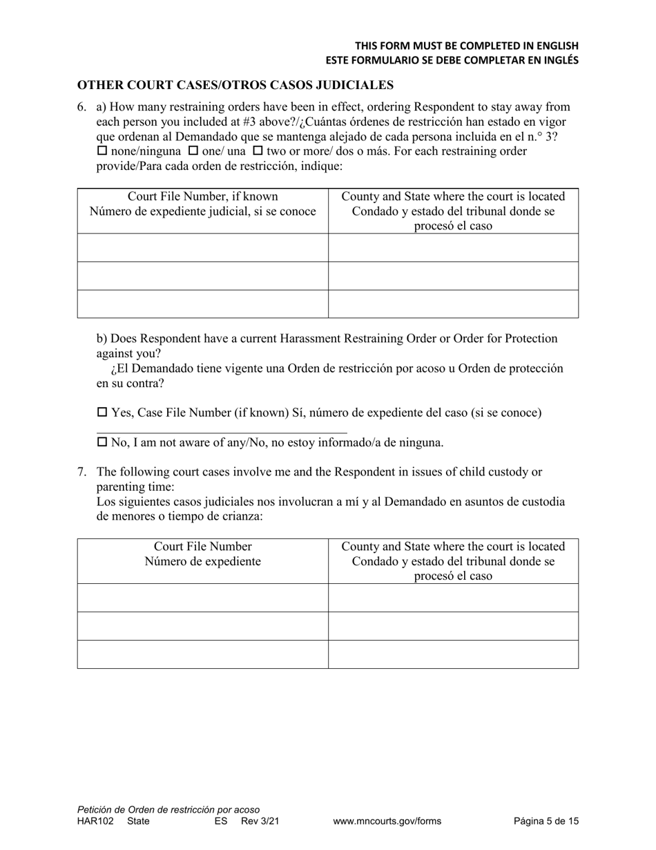 Form HAR102 Petition for Harassment Restraining Order - Minnesota (English / Spanish), Page 5