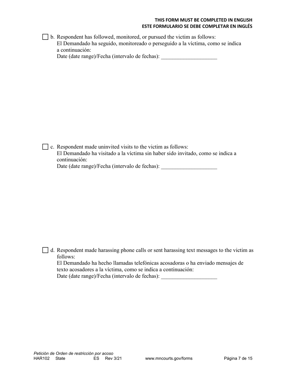 Form HAR102 Petition for Harassment Restraining Order - Minnesota (English / Spanish), Page 7