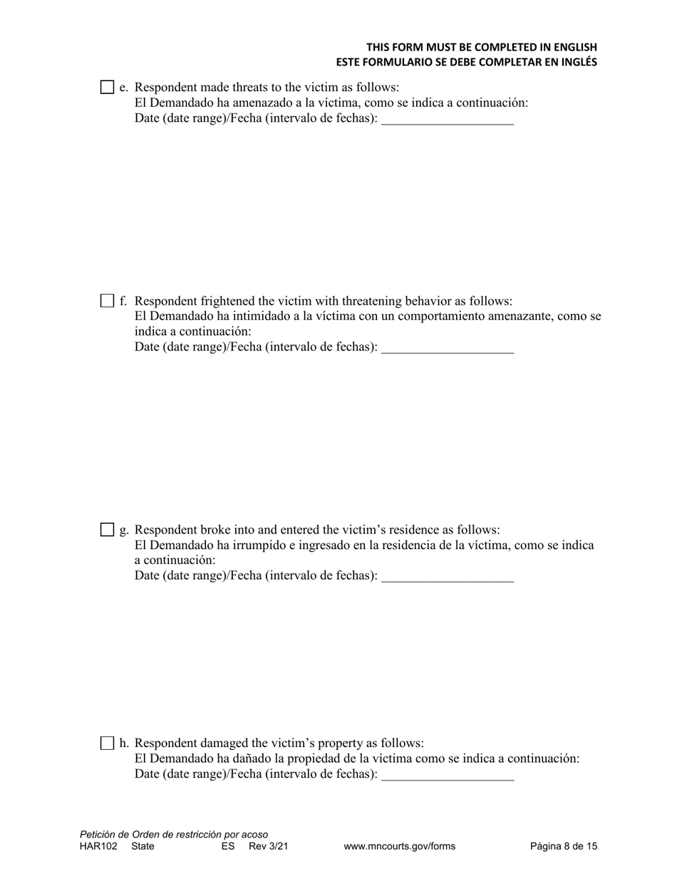 Form HAR102 Petition for Harassment Restraining Order - Minnesota (English / Spanish), Page 8