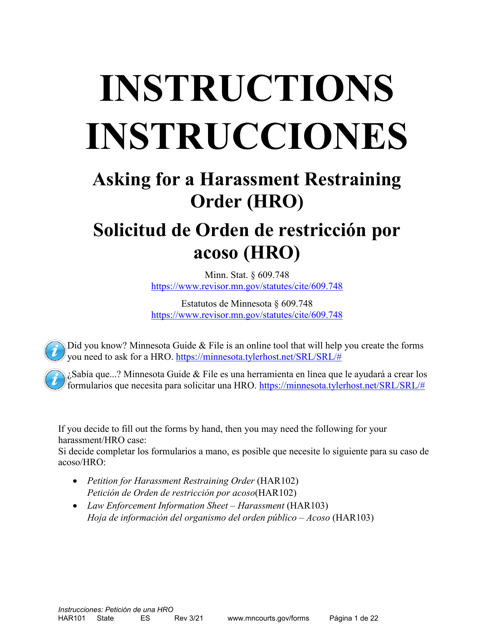 Form HAR101 Instructions - Applying for a Harassment Restraining Order - Minnesota (English/Spanish)